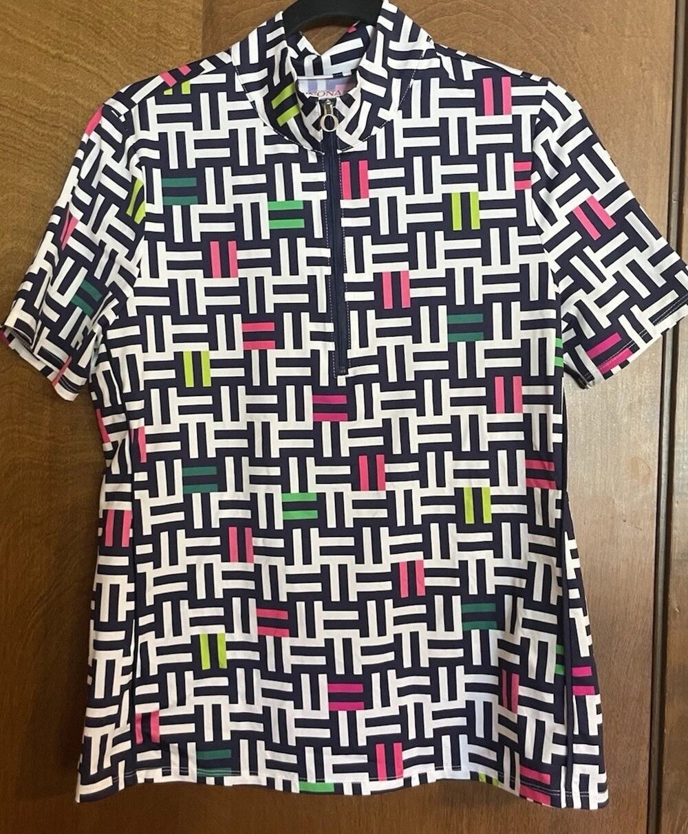 Kinona Shirt Womens M Quarter Zip Short Sleeve Golf Top Geometric Maze